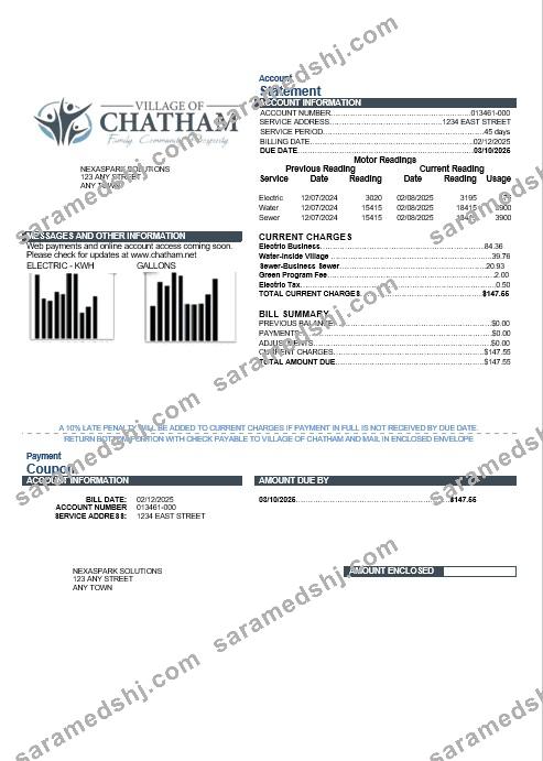 USA Village of Chatham business utility bill template in Word and PDF formats